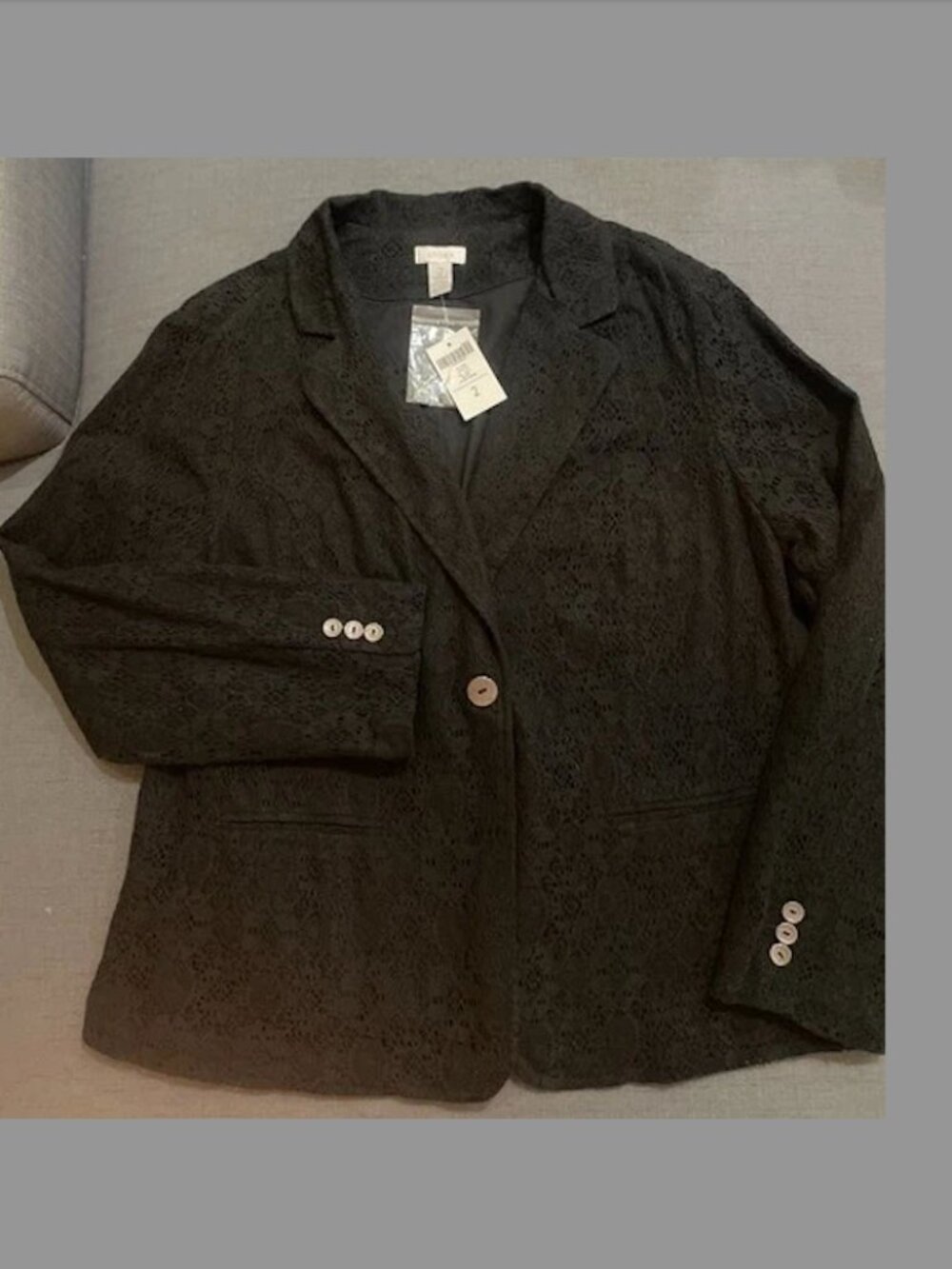 Chico's Black Cotton Crochet Lace Lined Blazer Jacket NWT SZ 2, US 12-14 (Large)